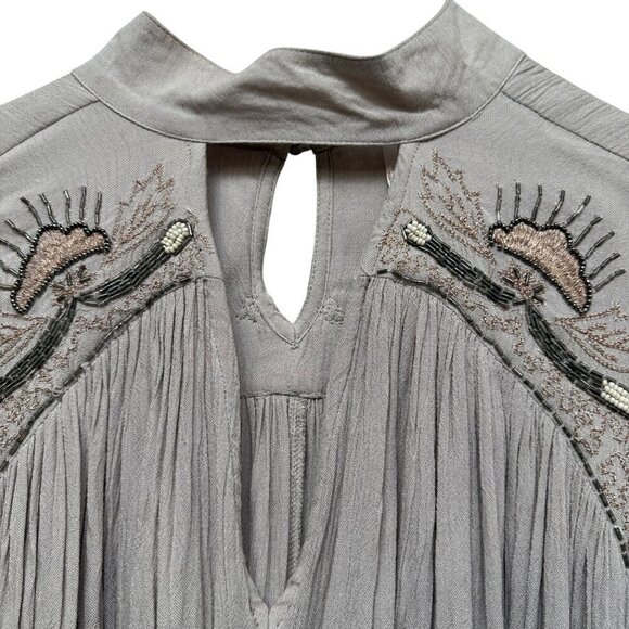FREE PEOPLE Flowy Blouse XS Oversized Rayon Long Sleeve Boho Top Beaded Beige - Picture 6 of 14